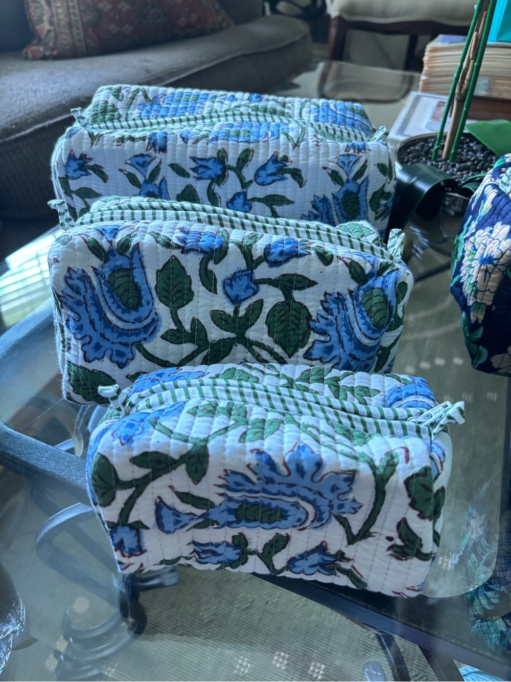 Blue & Green Floral Quilted Zip Pouch - Women Bags